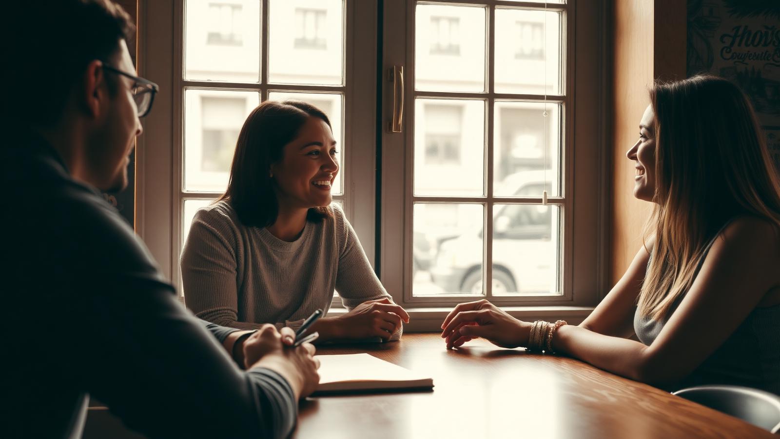 Two people talking across a cafe table with a notebook