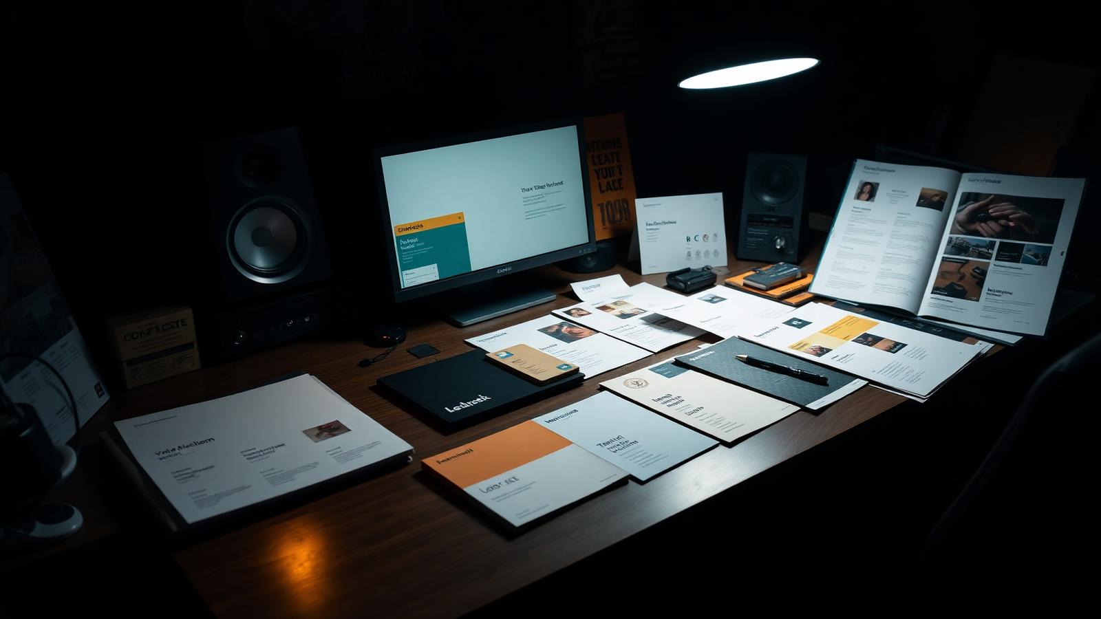 Designer's desk with printed brand collateral, business cards and flyers