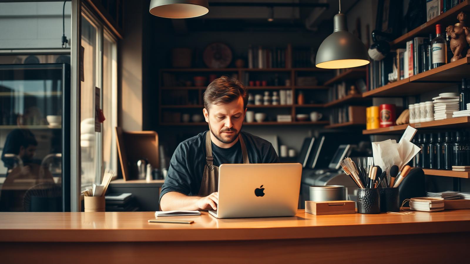 Small business owner working at a shop counter on a laptop