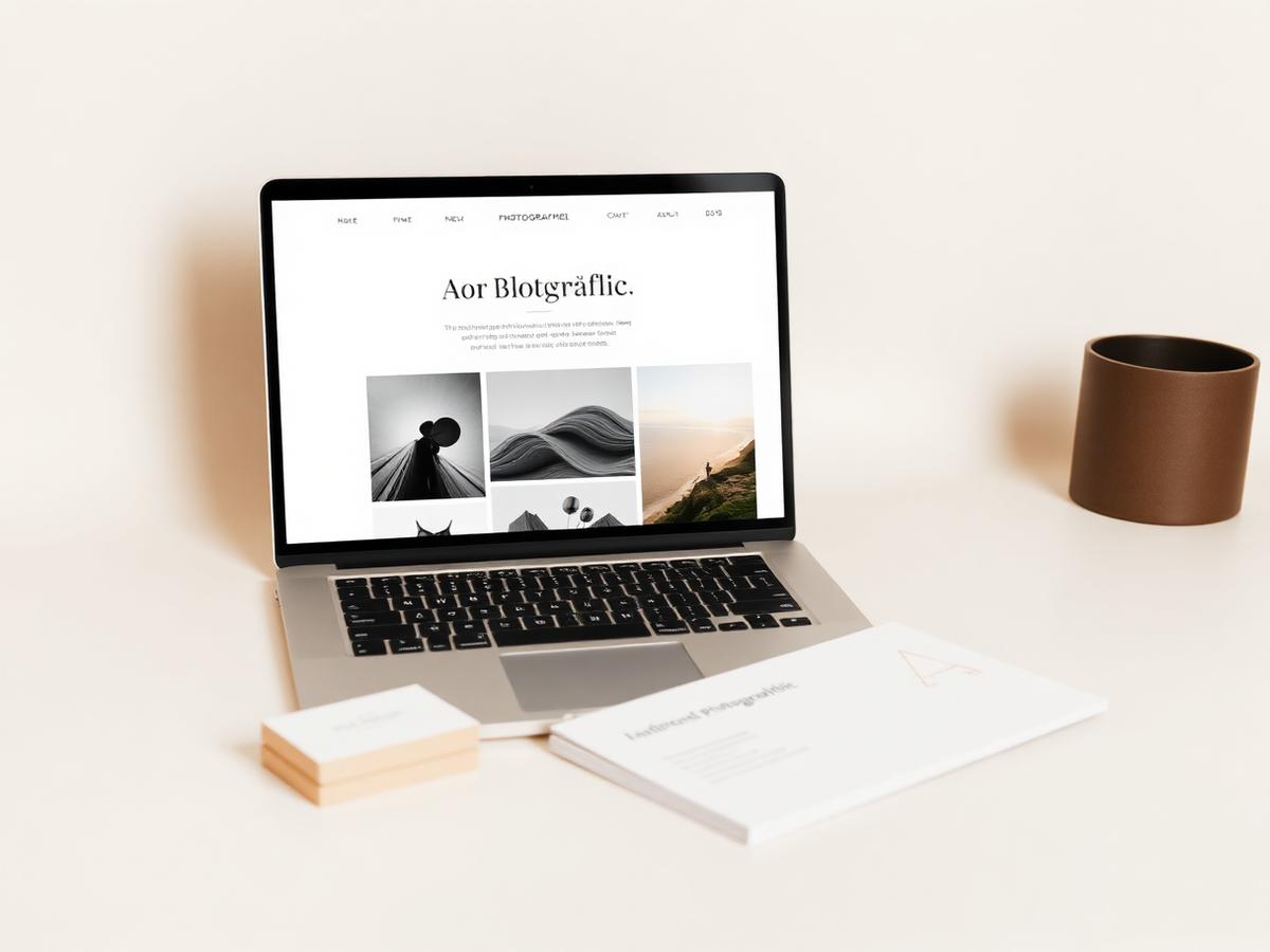 Photographer portfolio website shown on a laptop next to printed business cards and a flyer