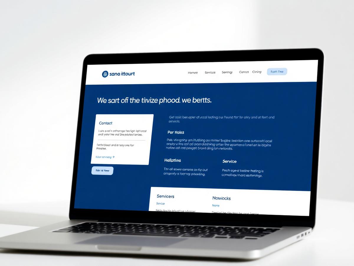 One-page website design for a local plumbing and heating business shown on a laptop